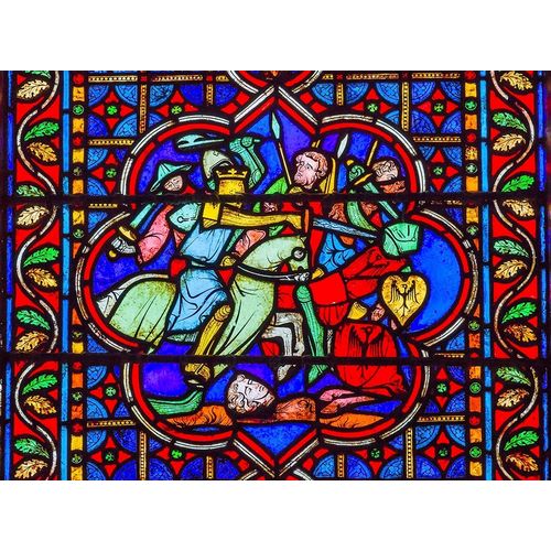 Knights Fighting Swords Horses Battle War stained glass-Notre Dame Cathedral-Paris-France